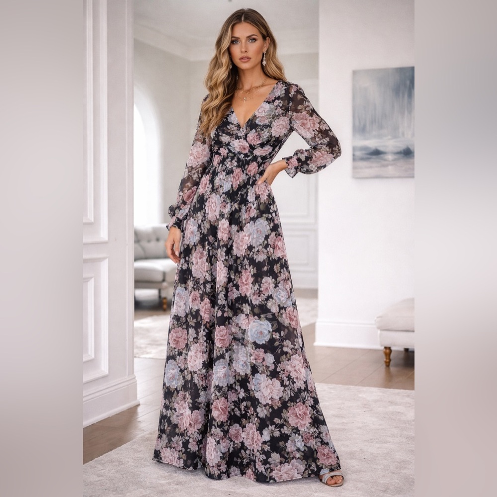 Everly Floral Surplice Maxi Dress | Long Sleeve Flowy Boho | Size L